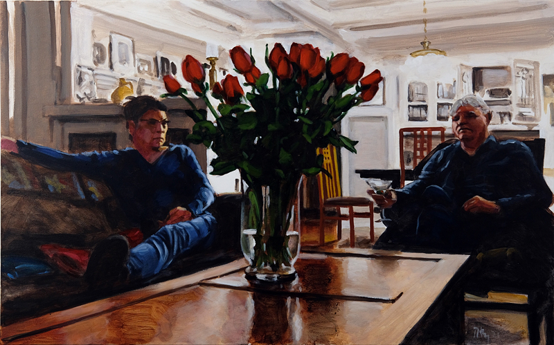Painting: title Woman and man with roses